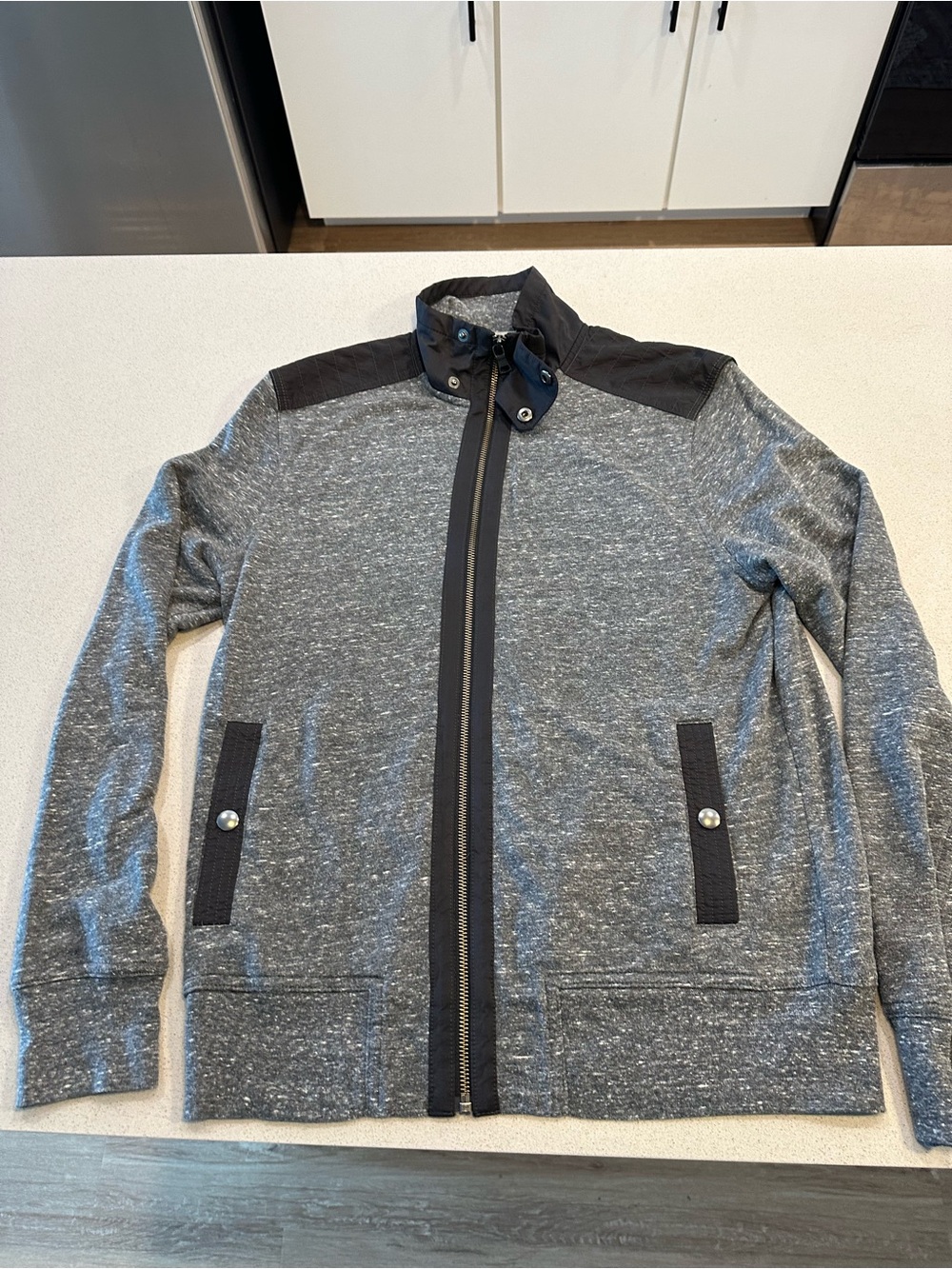 Banana Republic Gray Heathered Full-Zip Sweater with Black Accents